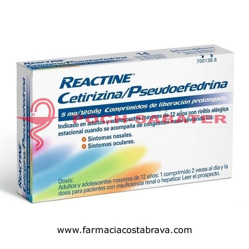 REACTINE CETIRIZINA/PSEUDOEFEDRINA 5mg/120mg COMPRIMIDOS DE LIBERACION PROLONGADA , 14 comprimidos