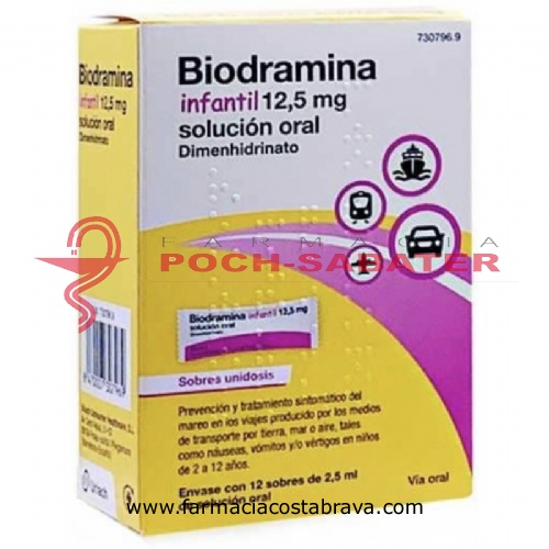 BIODRAMINA INFANTIL 12,5 MG SOLUCION ORAL, 12 sobres unidosis de 2,5 ml
