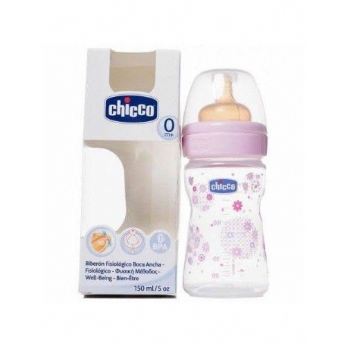 Biberon plastico pp t caucho - chicco fisiologico 0% bisfenol boca ancha flujo normal (150 ml rosa)
